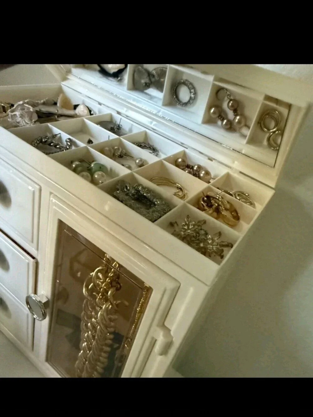 White Jewelry Organizer Cabinet with Drawers and Mirror